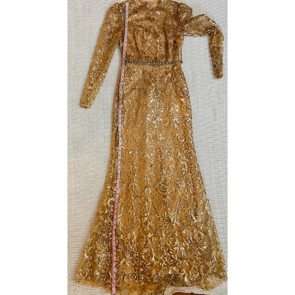 NWT Mac Duggal Gold Overlay Long Sleeve High Neck Floor Length Gown US‎ 4 - Picture 13 of 14